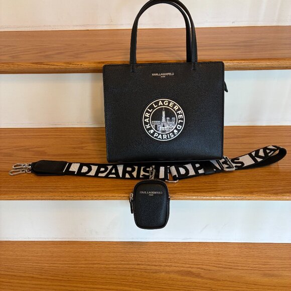 KARL LAGERFELD PARIS Medallion Crossbody Bag w/ Pouch Black EXCELLENT CONDITION! - Picture 1 of 10